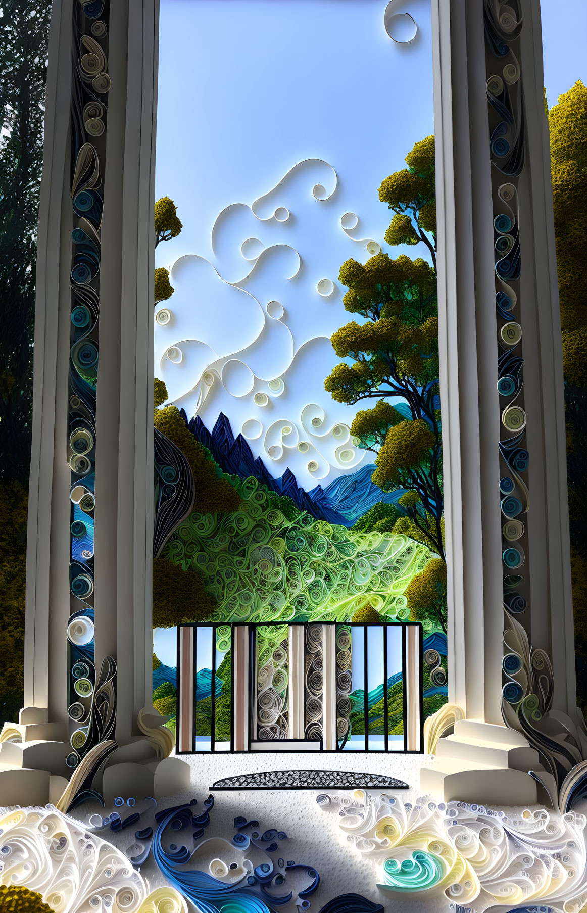 Surreal landscape with ornate archway, whimsical clouds, stylized trees
