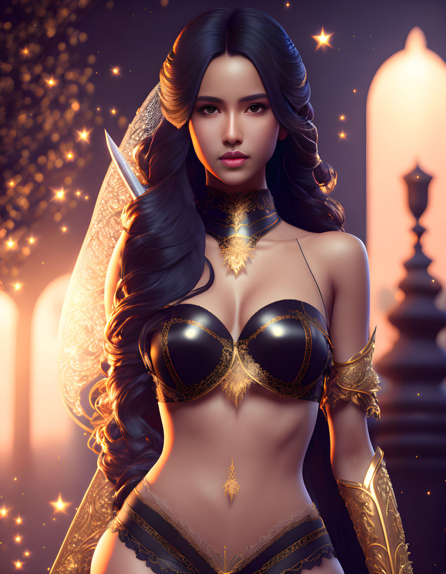 Fantasy digital artwork of woman in golden armor in starlit ambiance