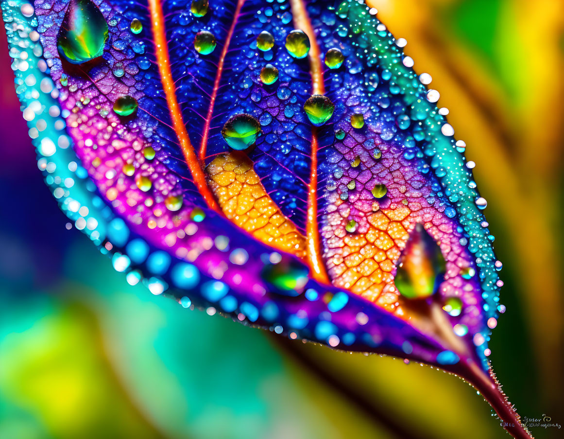 Colorful Water Droplets on Vibrant Leaf Reflecting Spectrum