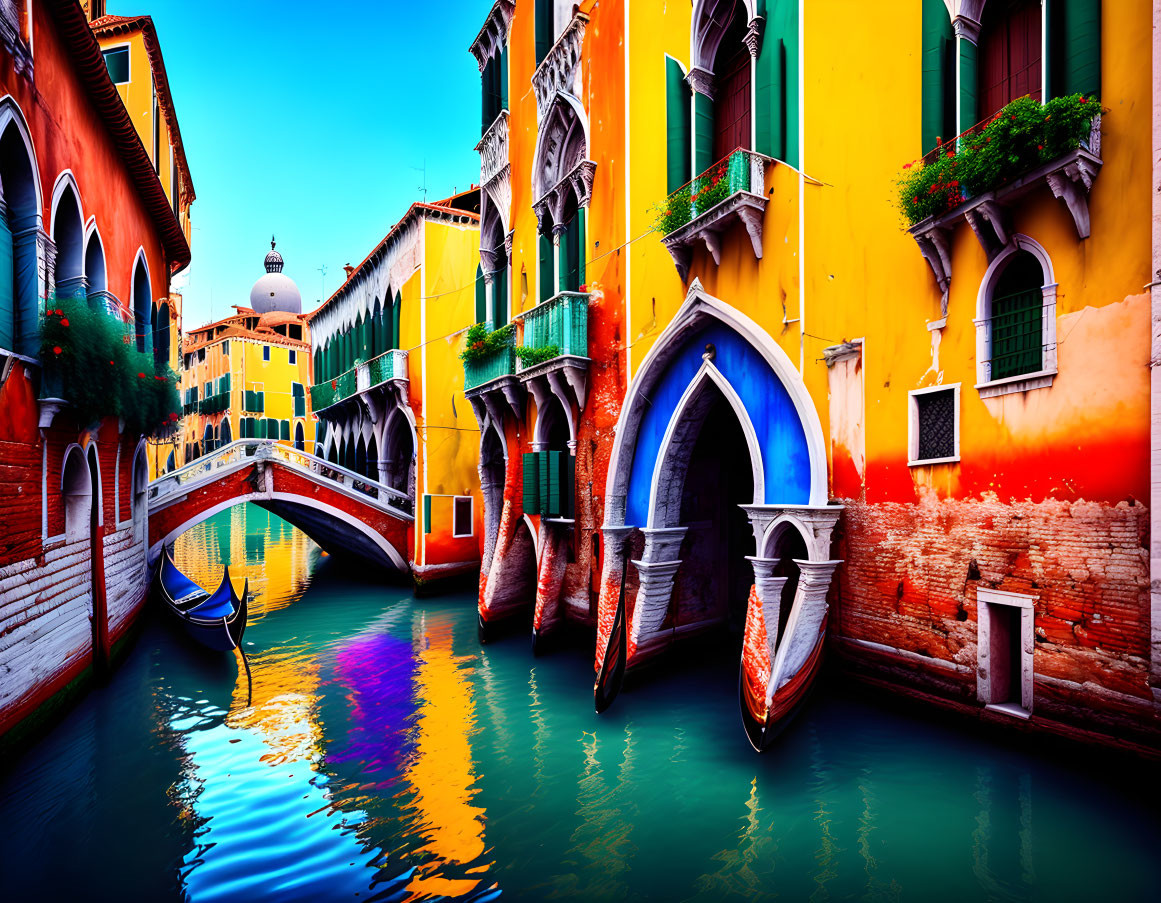 Colorful Venetian Canal with Arching Bridge and Gondolas