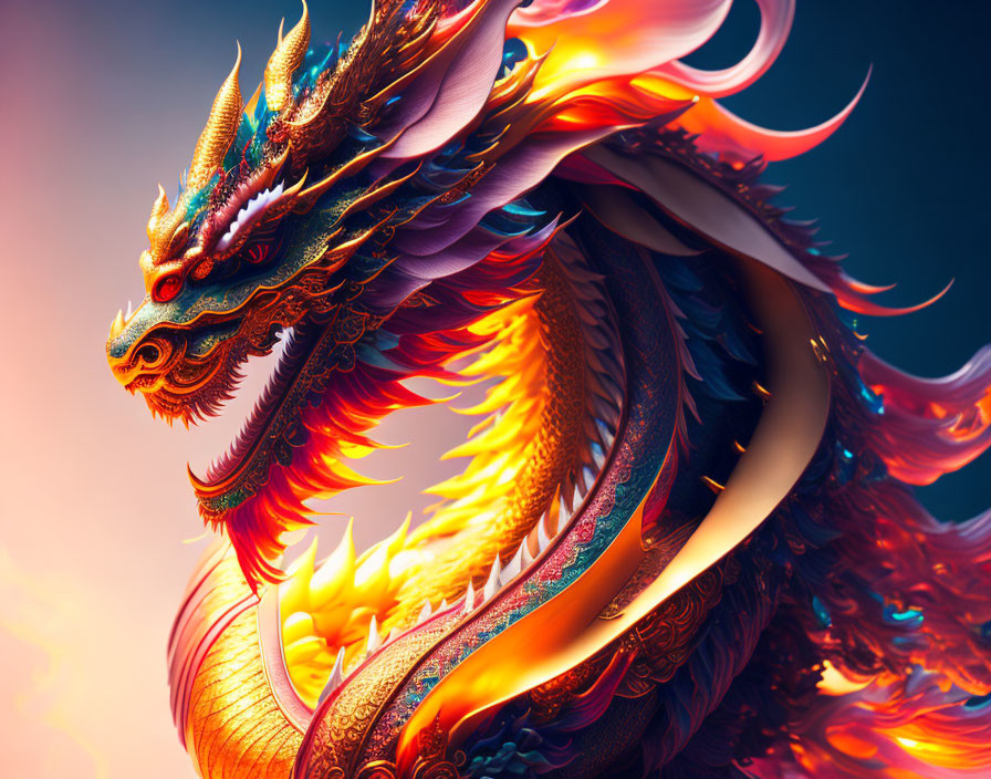 Colorful Mythical Dragon with Ornate Fiery Scales on Soft Glowing Background