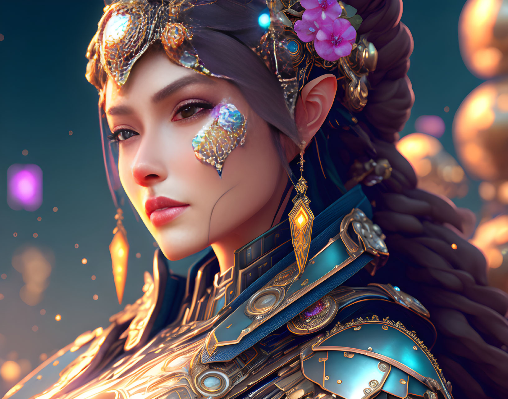 Intricate digital portrait of a woman in ornate armor and headdress