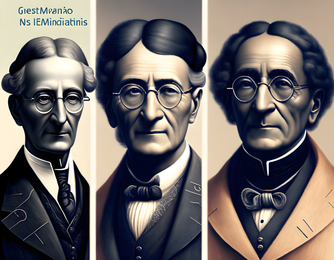 Three stylized historical male figure portraits with formal attire and unique hairstyles on gradient background
