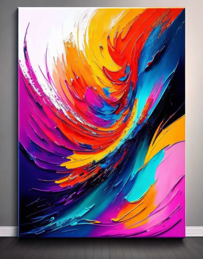 Colorful Abstract Painting with Blue, Orange, Purple, and Yellow Swirls in Modern Room