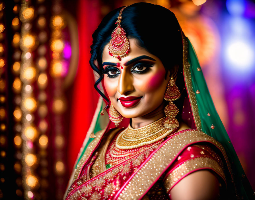 Traditional Indian bridal attire with elaborate jewelry and makeup against colorful bokeh background