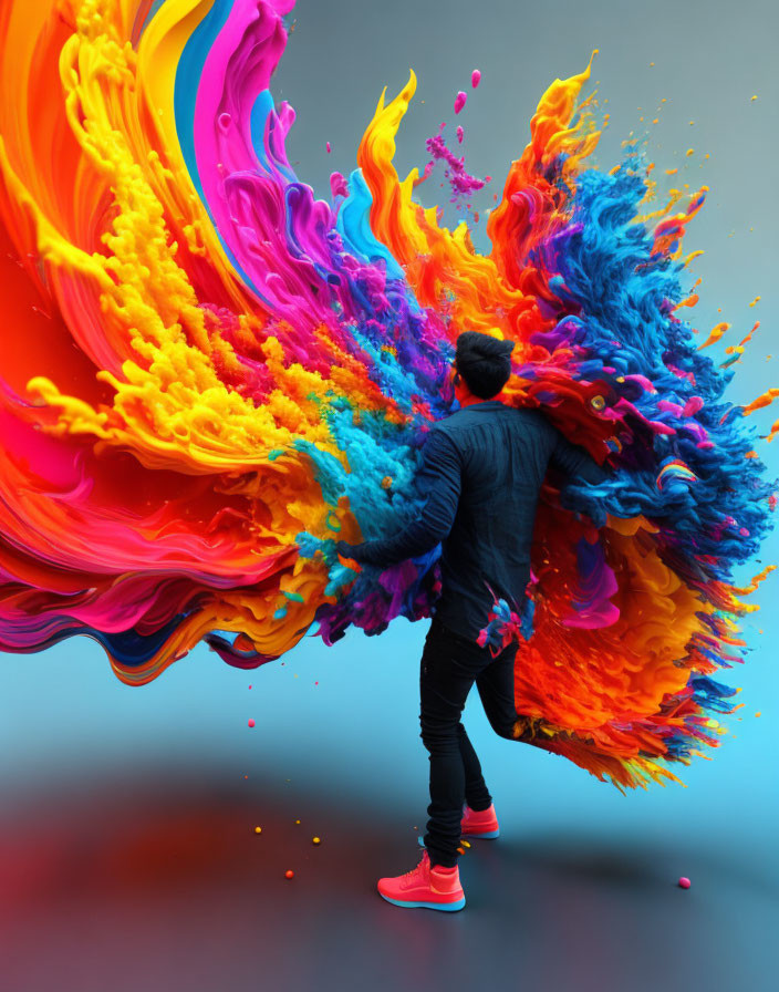 Dynamic pose with vibrant paint splashes on gray background