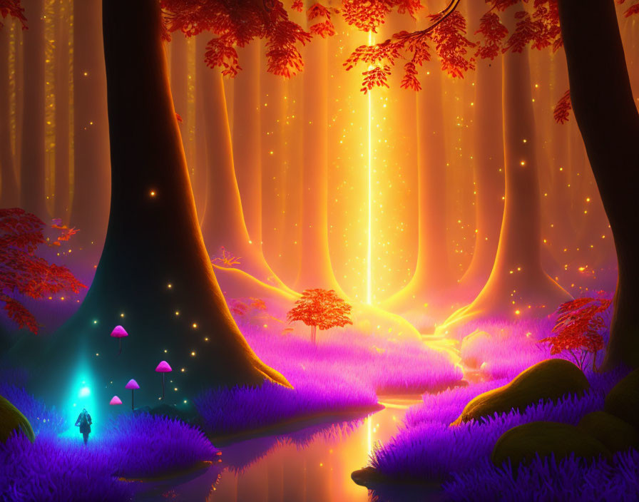 Enchanting forest with glowing trees and purple foliage