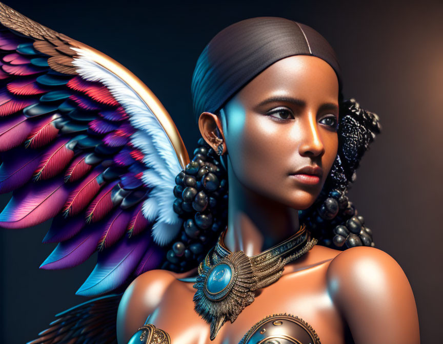 Digital Artwork: Woman with Elaborate Wing and Ornate Jewelry