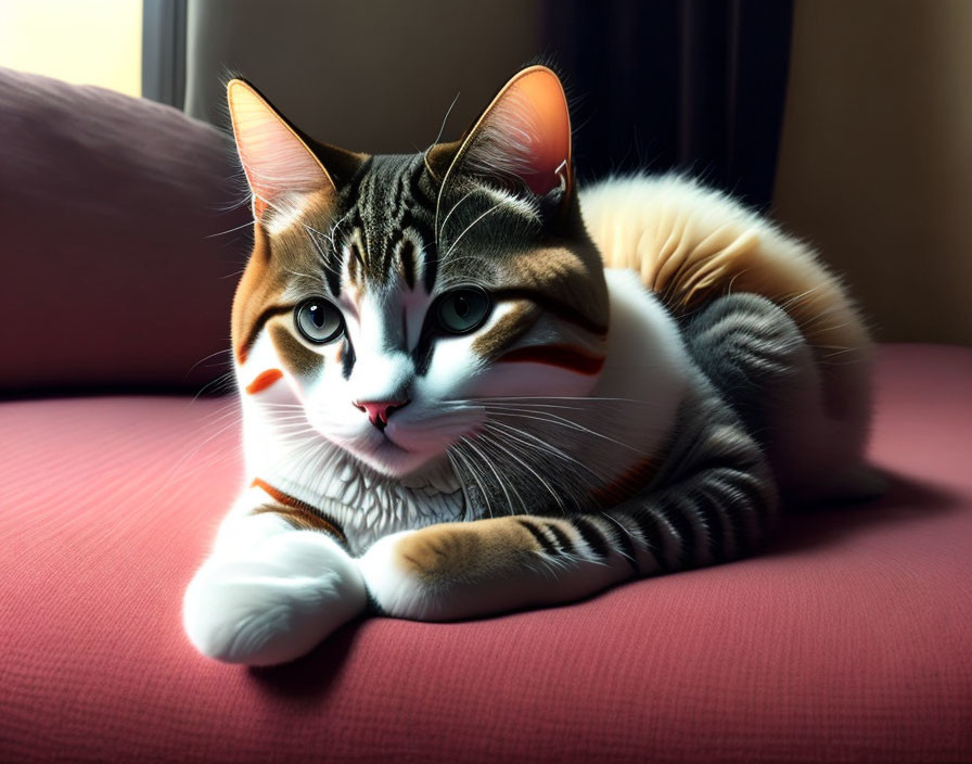 Striped domestic cat with striking markings lounging on pink surface under sunlight.