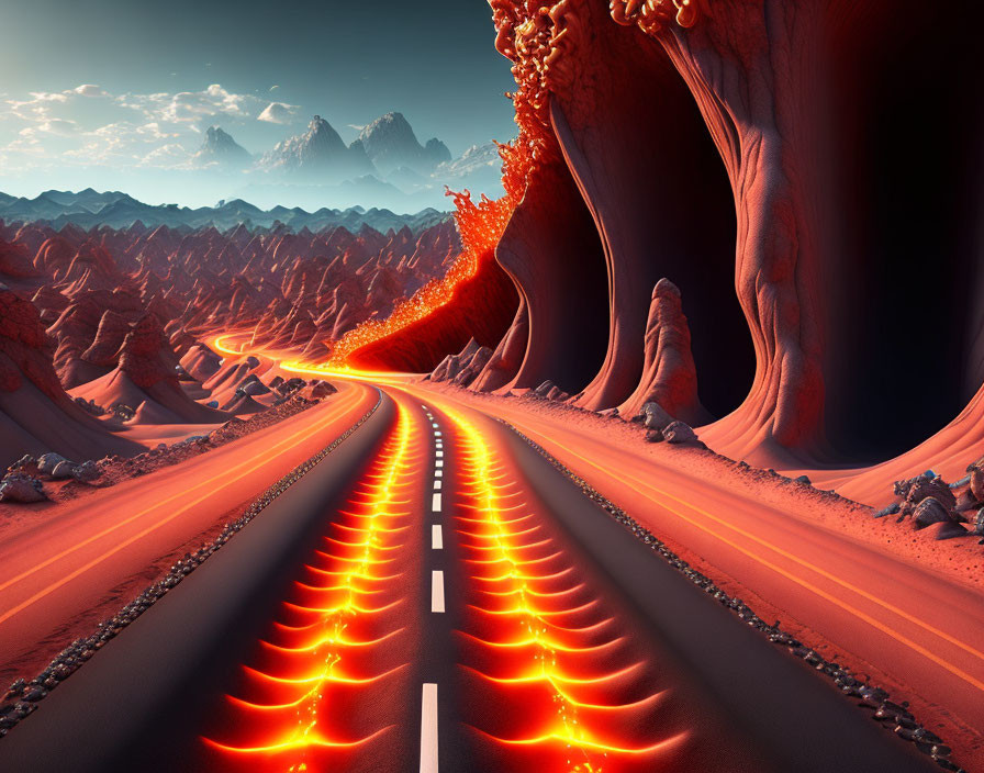 Surreal road with glowing lava edges in alien landscape
