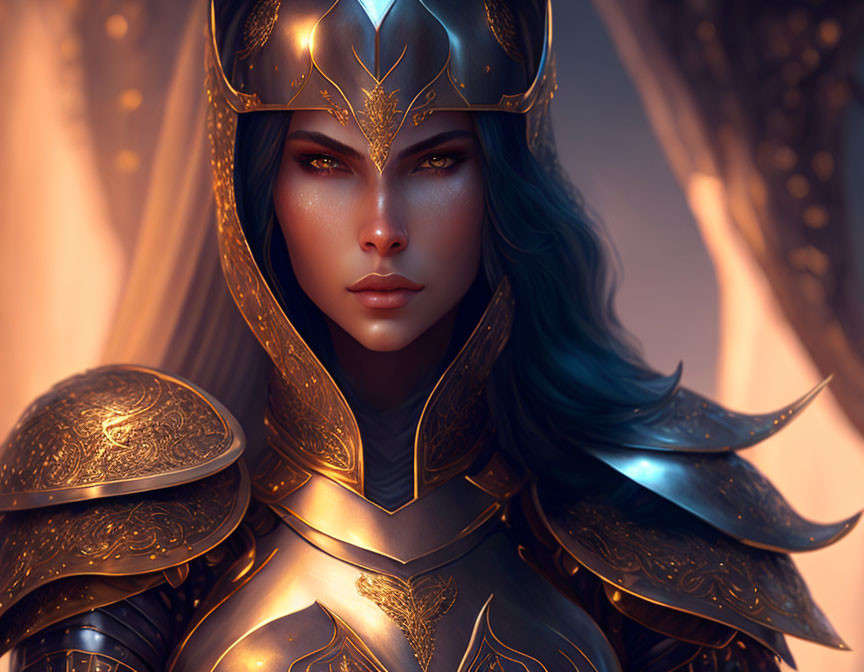 Female Warrior Digital Artwork: Elaborate Golden Armor & Helmet
