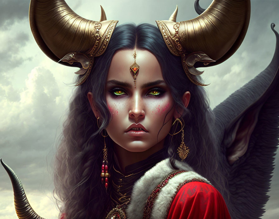 Fantasy female character with horns, winged ears, green eyes, tribal face markings, red cloak