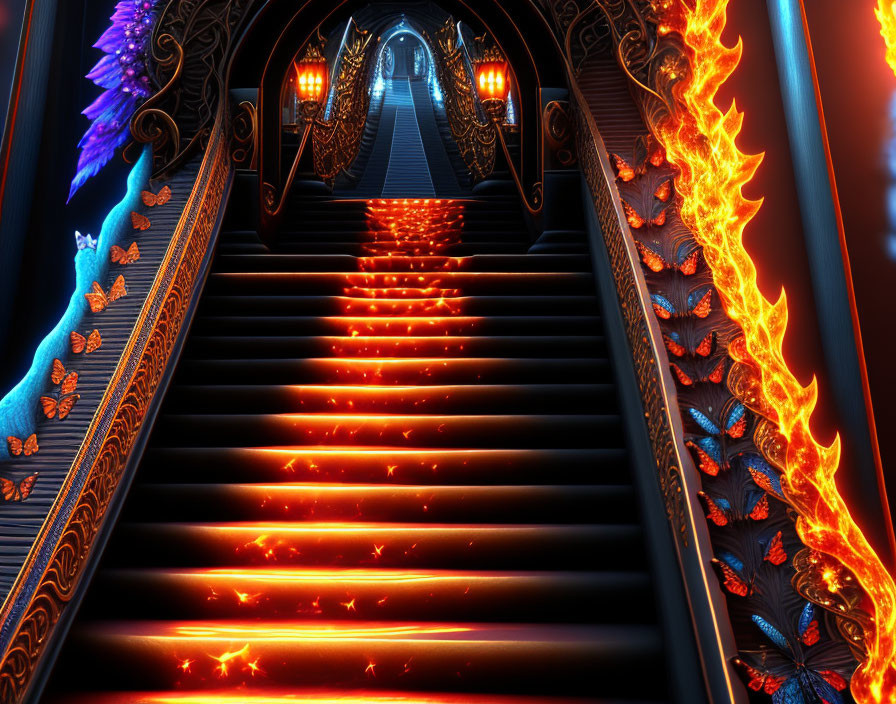 Mystical staircase with fiery red steps and ornate railings - blue butterflies and fiery patterns.