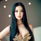 Portrait of a Woman with Long Black Hair and Gold Winged Necklace