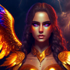 Digital artwork featuring woman with red lips, golden armor, fiery wing, in stormy sky.