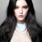 Portrait of female with long black hair and white top.