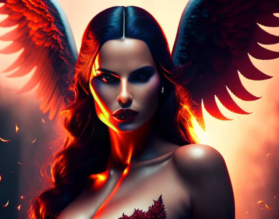 Dark-haired woman with striking makeup and black wings in fiery background