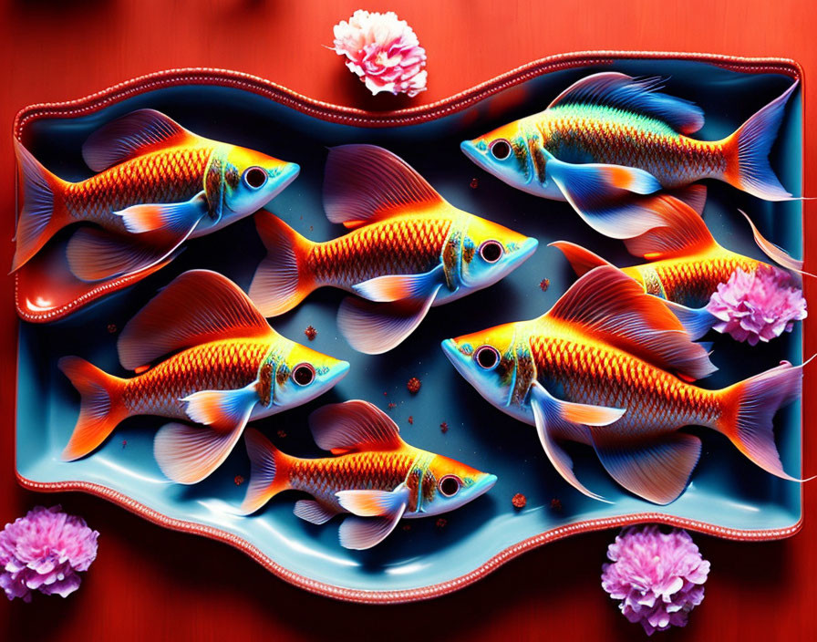 Colorful Digital Artwork: School of Orange and Blue Fish on Red Background