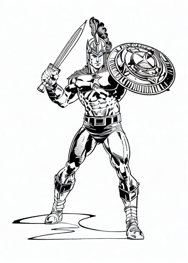 Muscular superhero in detailed costume wields sword and shield