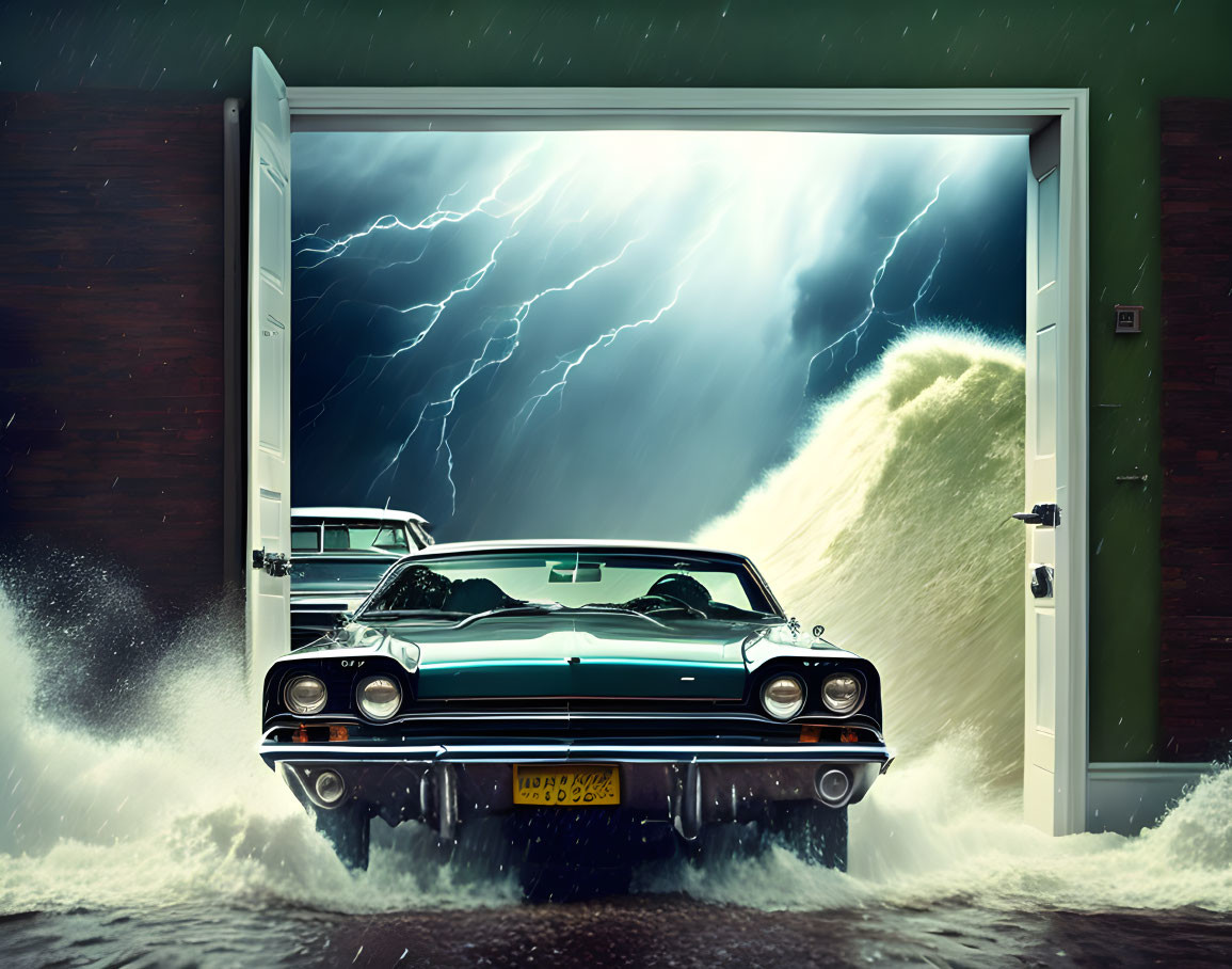 Vintage car in stormy night with lightning bolts and crashing waves