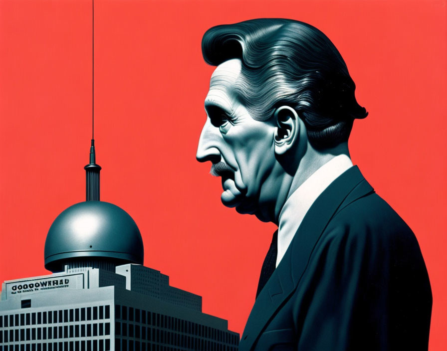 Man in suit with long nose illustration on red background with "GOODWORLD" building and antenna