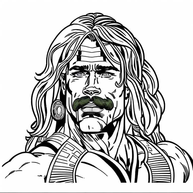Detailed black and white male character illustration with long hair, moustache, and headband.