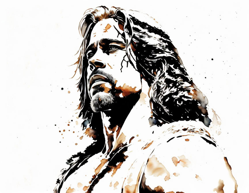 Contemplative man with long hair and beard in dynamic black and white ink splatters