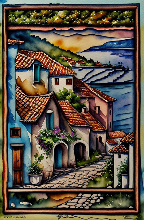 Serene coastal village watercolor painting with terracotta-roofed houses