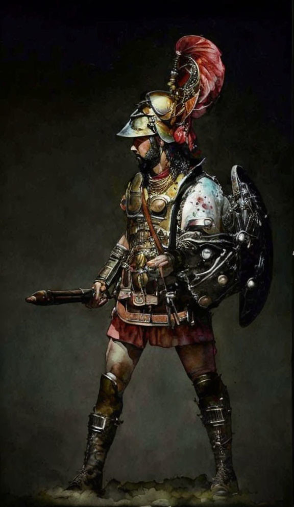 Detailed Roman soldier illustration in full armor with red plume helmet, shield, and sword.