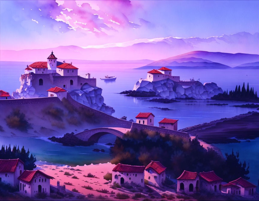Scenic seaside village at dusk with traditional houses, bridge, boats, and purple skies