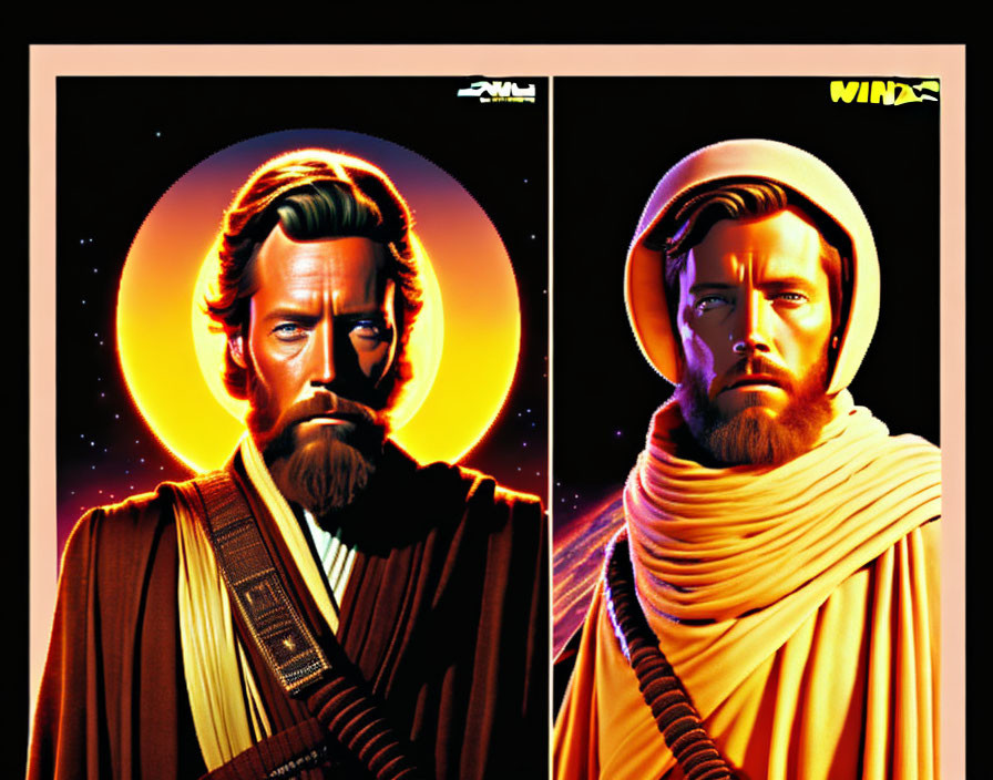 Stylized poster with two portraits of bearded man in robes