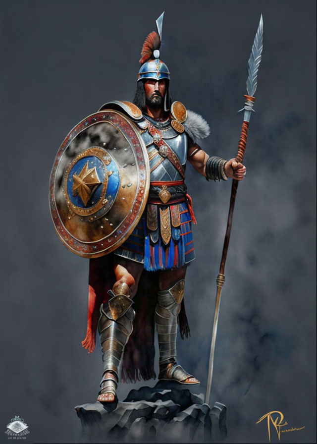 Ancient Greek-style warrior illustration with spear and shield