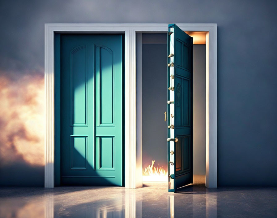 Conceptual illustration: Closed door casting shadow, open door with flames - safety vs. danger choice