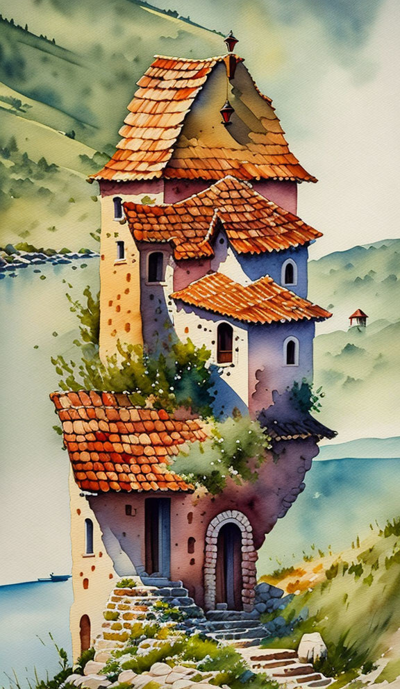 Whimsical watercolor painting of tall stone house in lush countryside