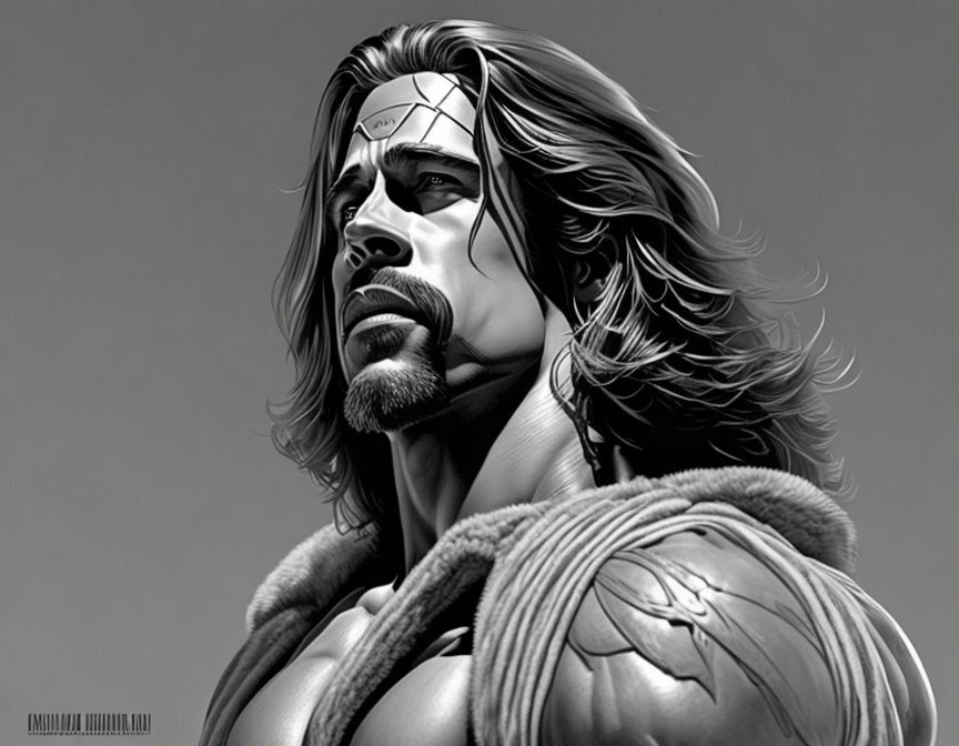 Muscular long-haired male character in greyscale with headband gazes upwards