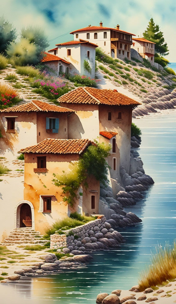 Tranquil coastal village with terracotta-roofed houses and lush greenery