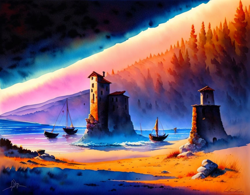 Colorful Coastal Sunset Painting with Boats, Calm Sea, Towers, and Pine Trees