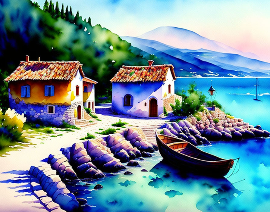 Colorful Coastal Village Painting with Boats and Greenery under Pastel Sky