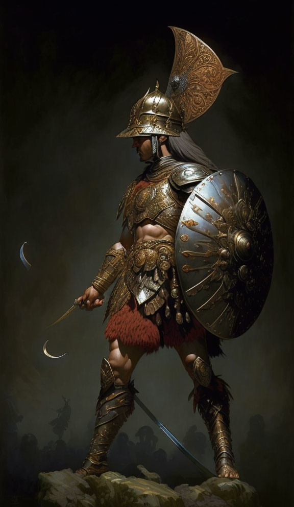 Warrior in ornate armor with spear and shield on dark background