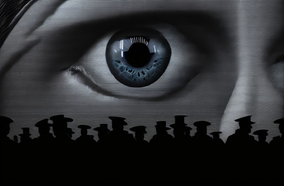 Detailed human eye with graduation cap silhouettes background