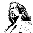 Monochrome drawing of male character with shoulder-length hair, beard, scar, and contemplative look