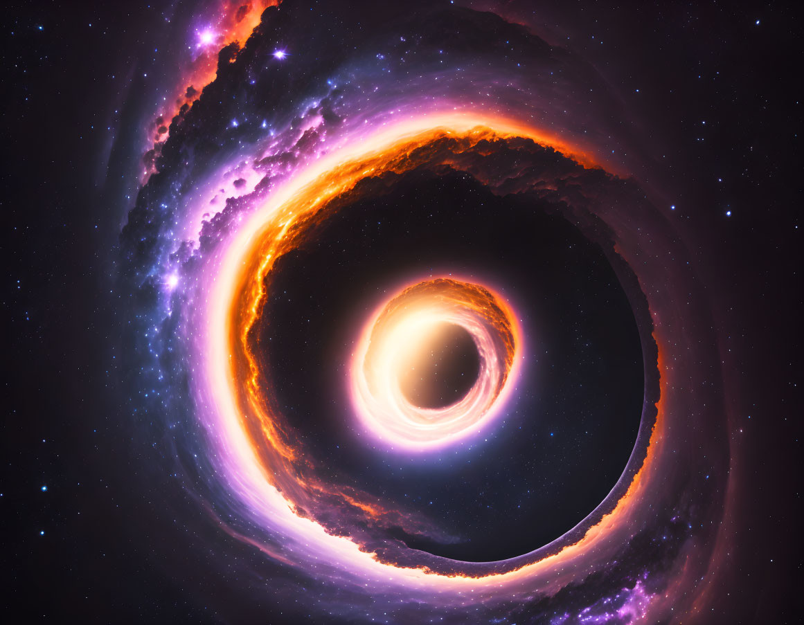 Colorful portrayal of swirling black hole with accretion disk in purple, orange, and yellow hues