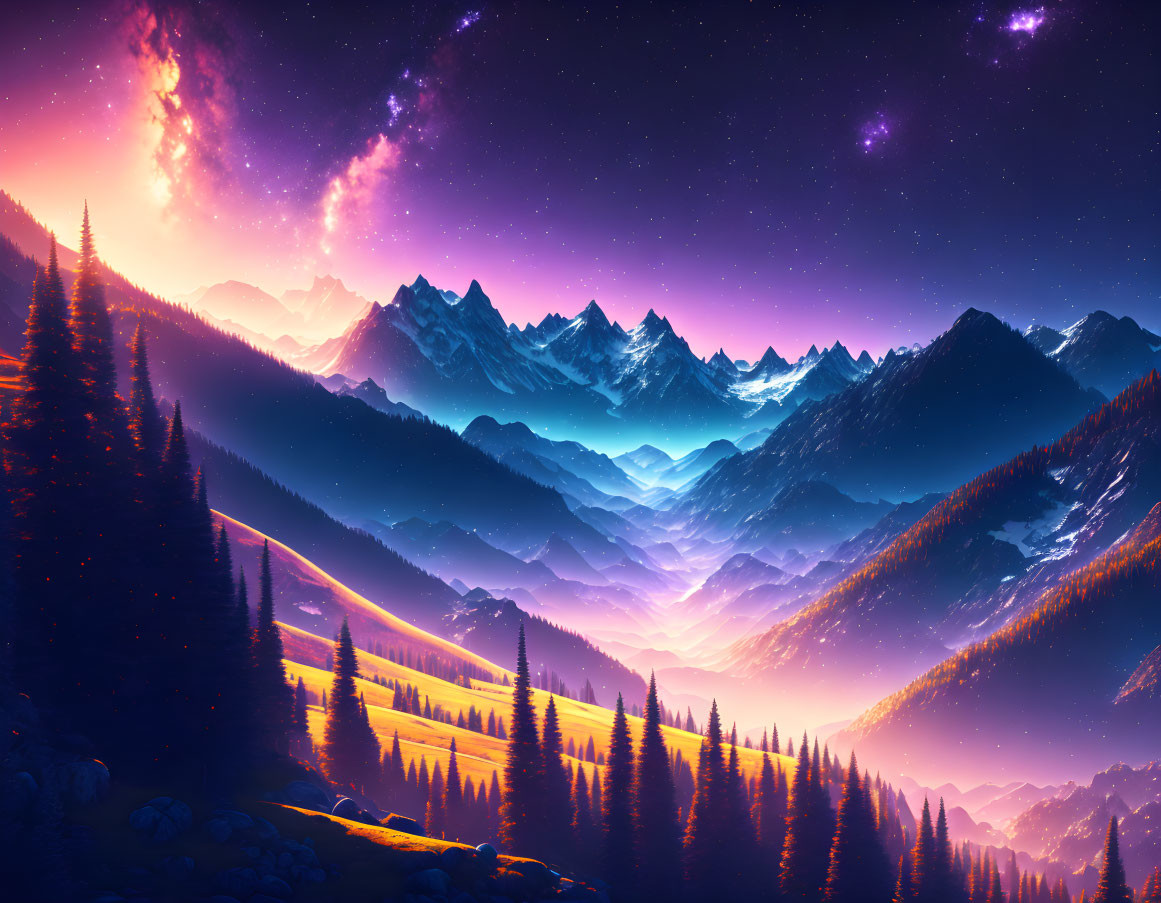 Majestic Mountains and Trees in a Fantasy Valley: 