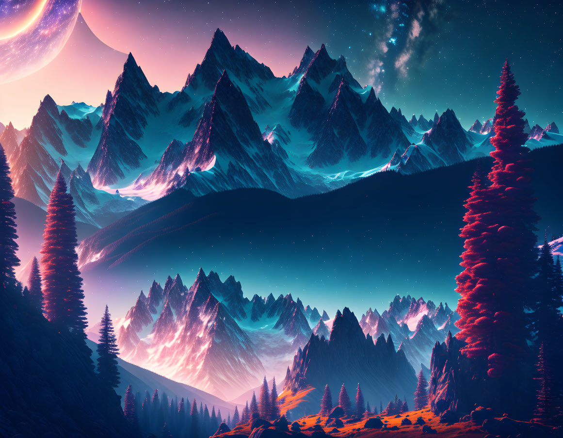 Digital artwork of mountainous landscape with evergreens, starry sky, and oversized moon