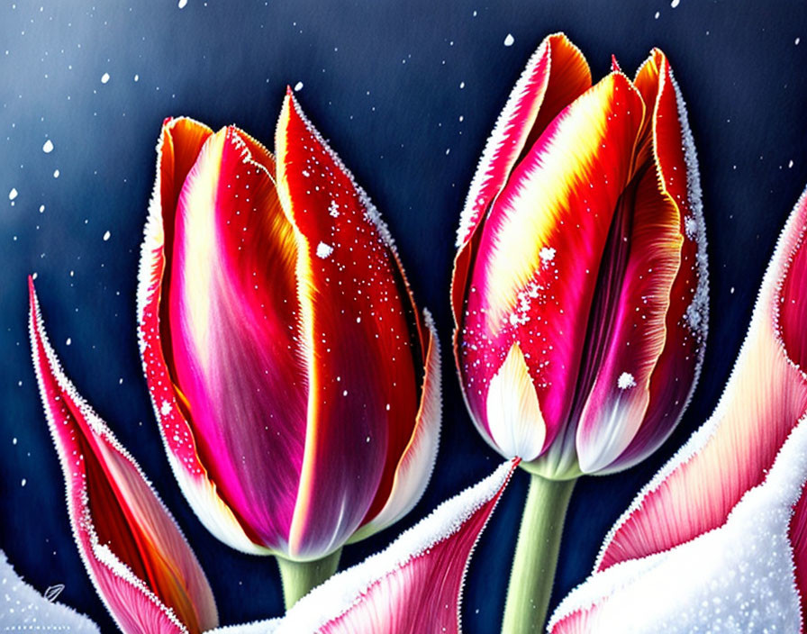 Three red and white tulips with water droplets on dark blue background.