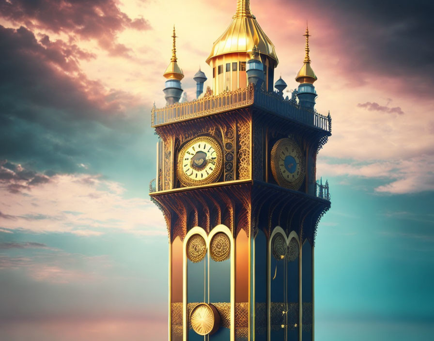 Ornate clock tower digital artwork with gold accents at twilight