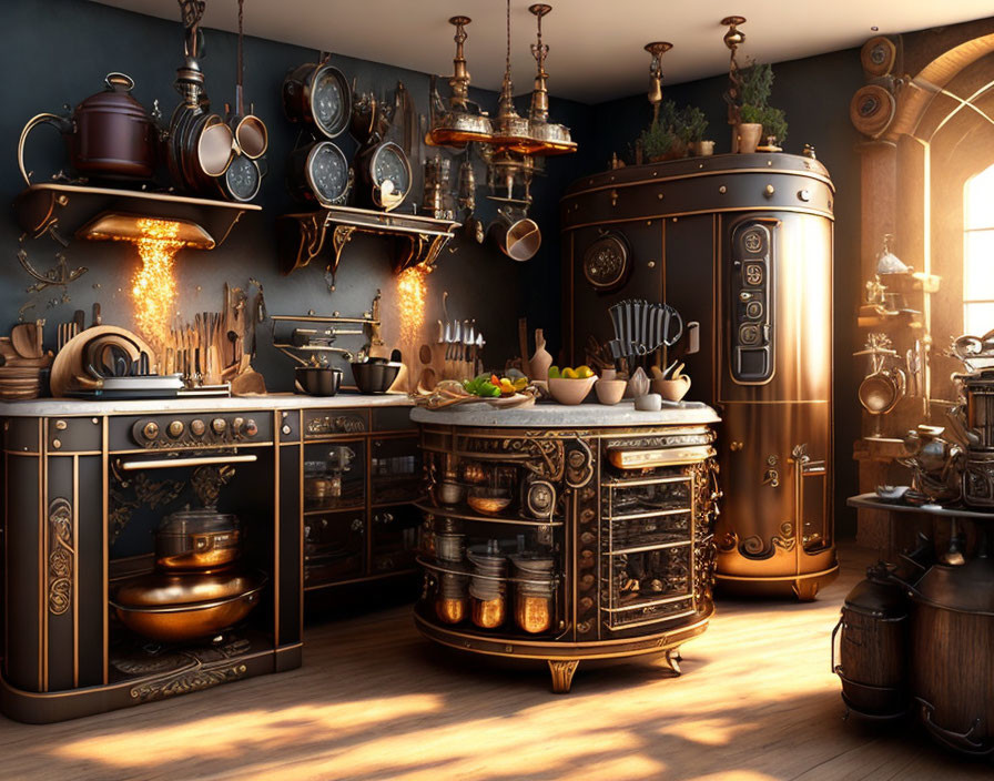 Classic Vintage Kitchen with Copper Utensils and Wood Cabinets