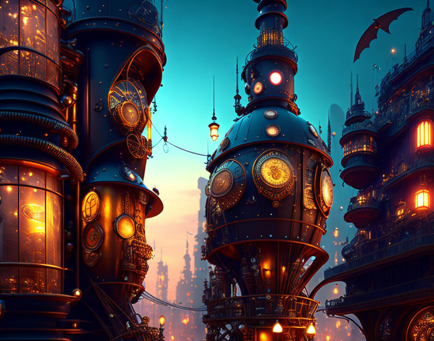 Steampunk cityscape with glowing towers and flying figure at dusk