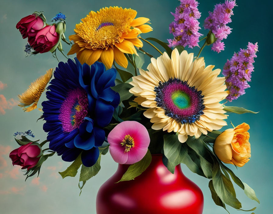 Colorful Flower Bouquet in Red Vase on Blue Background