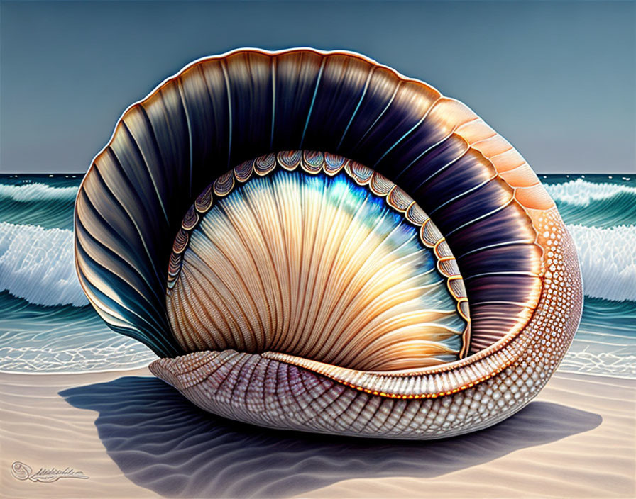 Colorful Seashell on Sandy Shore with Sea Waves